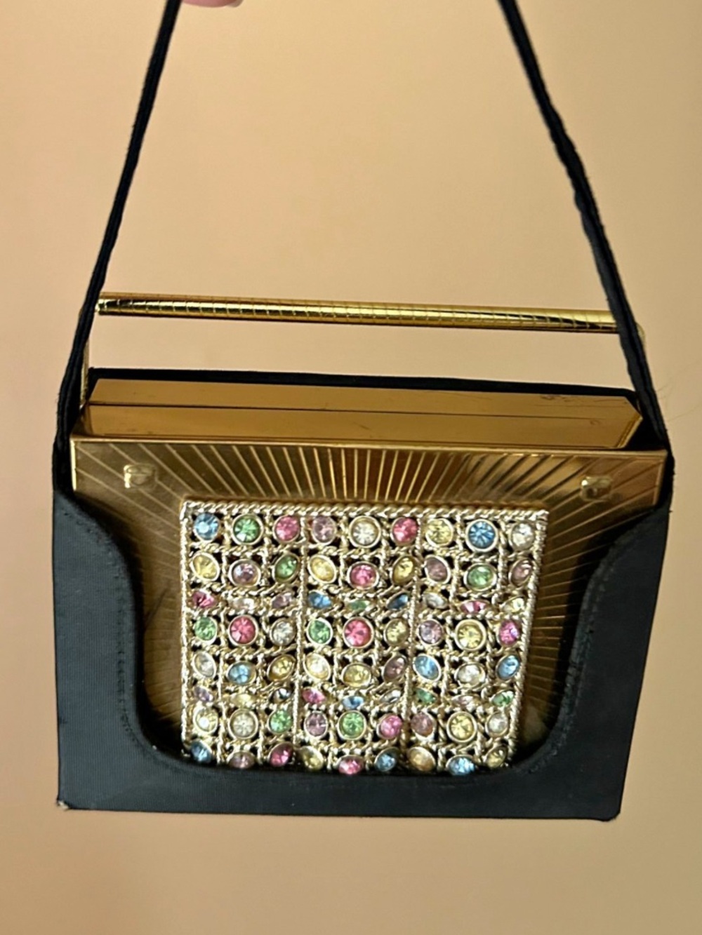 Vintage Volupte Black and Gold Jeweled Evening Bag/ compact